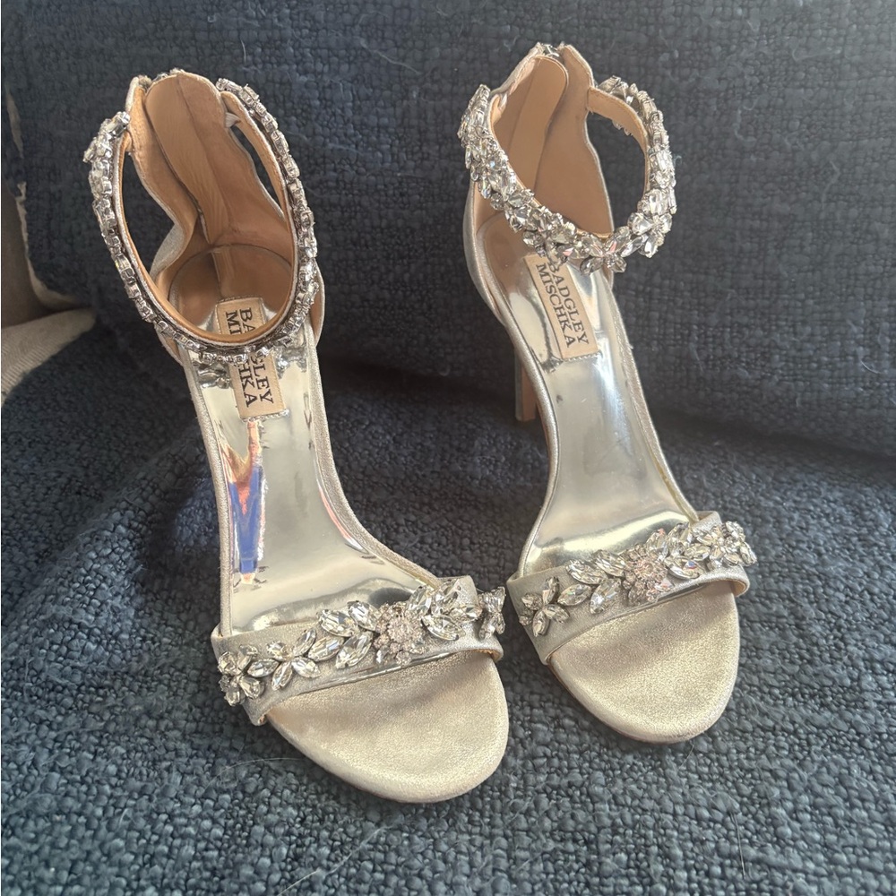Badgley Mischka Silver Stiletto Heels with Crystal Embellishments
